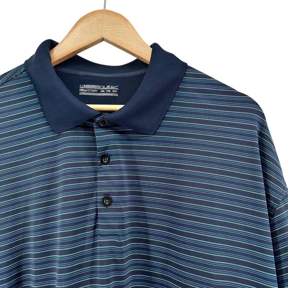 Nike Golf Fit Dry Mens XXL Navy Blue Green Striped Short Sleeve Polo Shirt